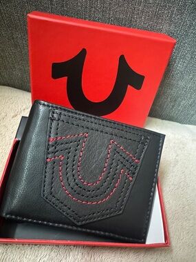 True Religion Black Leather Bi-Fold Wallet with Red Stitching